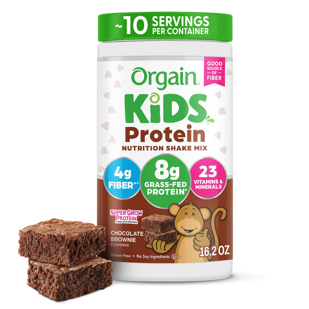 Orgain front packaging showing Chocolate Brownie flavor and benefits