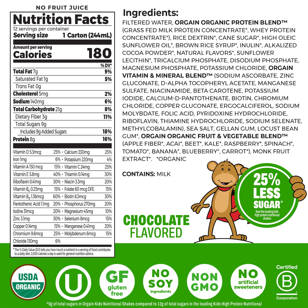 Orgain close-up ingredients label highlighting vitamins, minerals and organic claim