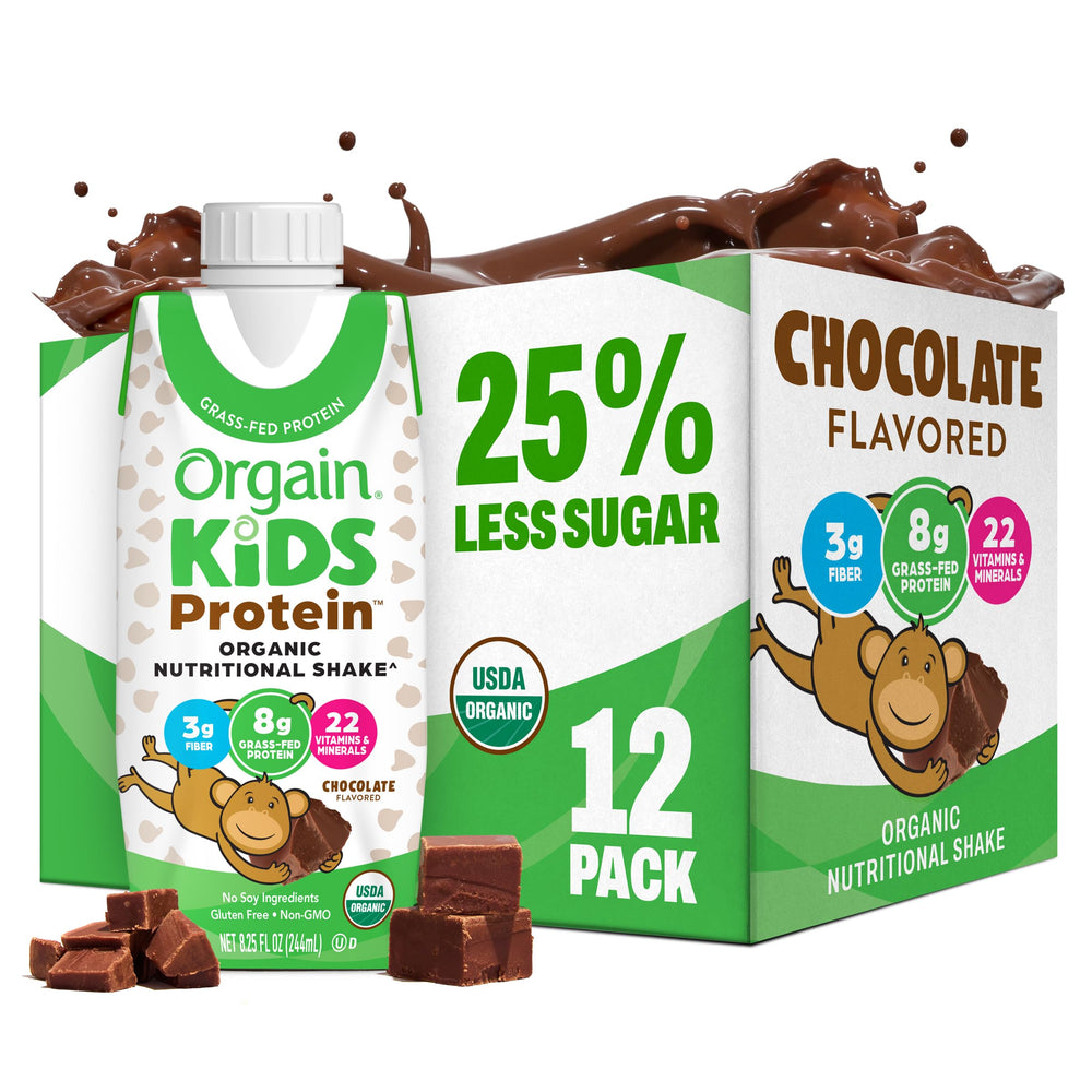 Orgain front carton view showing chocolate shake and organic badge for reliability
