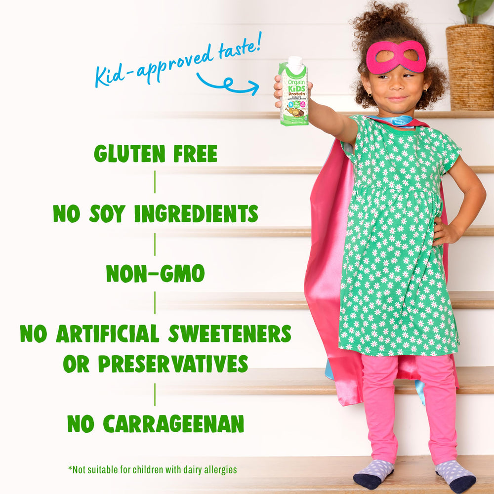 Orgain fruit and veggie powder visual highlighting added nutrients and fiber