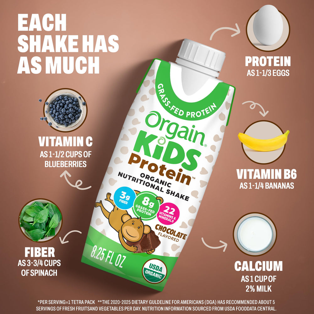 Orgain carton held in hand to show 8.25 oz size and easy portability