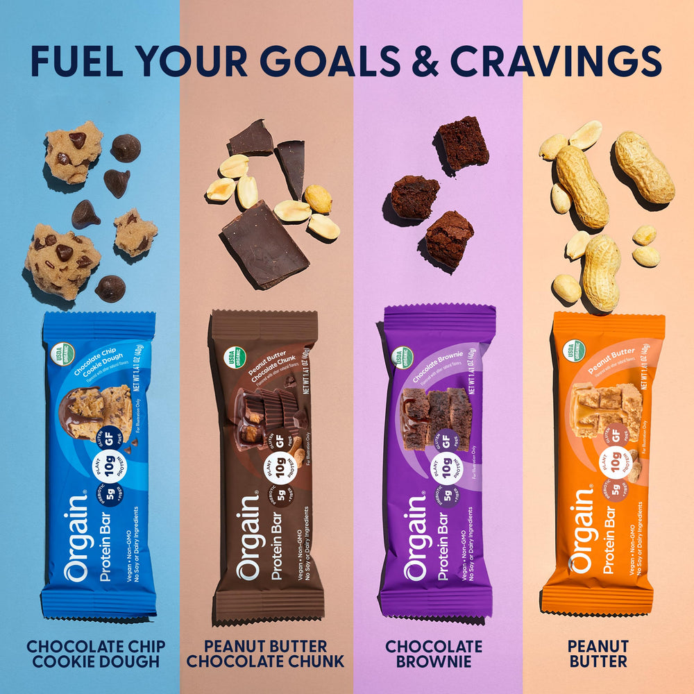 Orgain bar on kitchen counter with coffee showing convenient everyday snack pairing