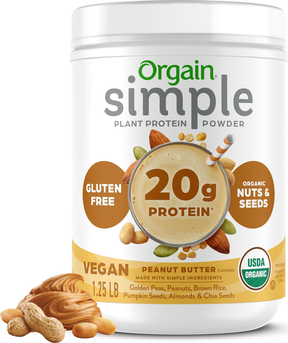 Orgain peanut butter front packaging showing clean organic label and benefit