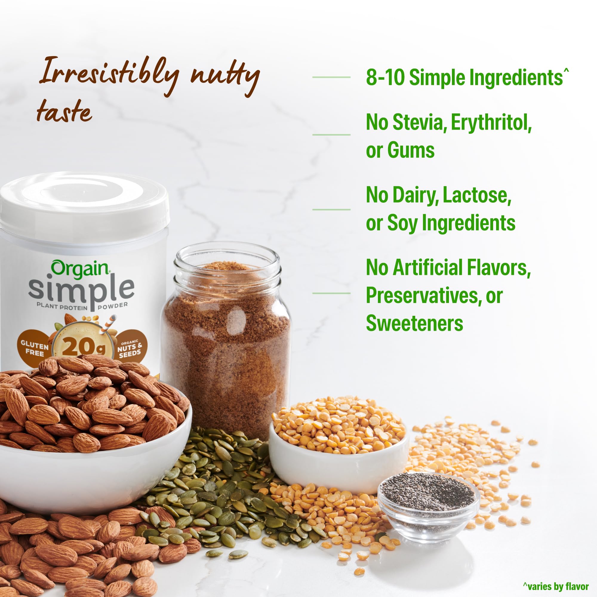 Orgain peanut butter nut and seed ingredients flatlay showing real-food benefit
