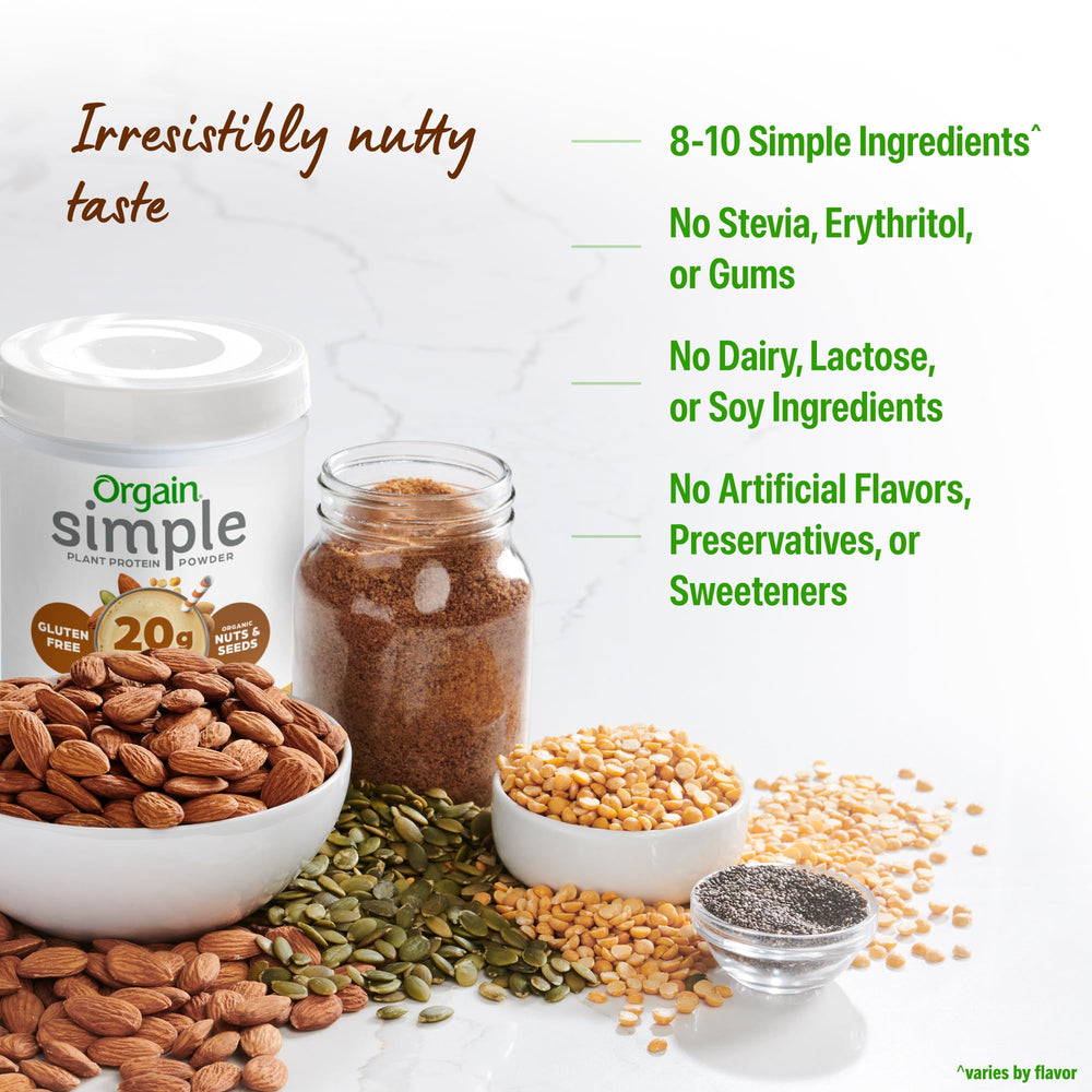 Orgain peanut butter nut and seed ingredients flatlay showing real-food benefit