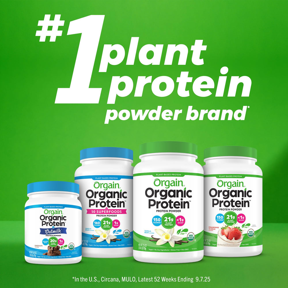 Orgain peanut butter size scale comparison showing tub quantity benefit