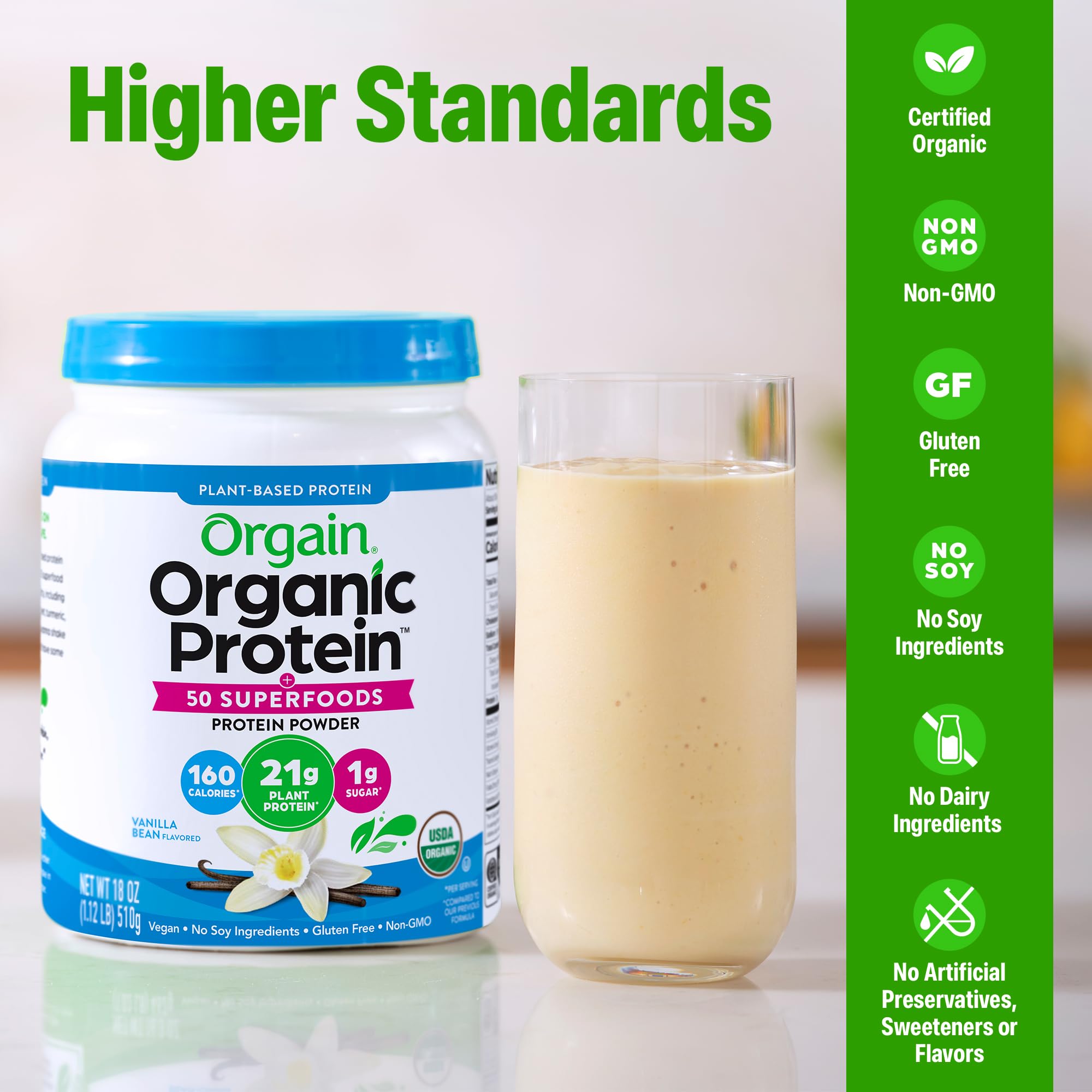 Orgain powder blended into glass shake highlighting quick preparation benefit