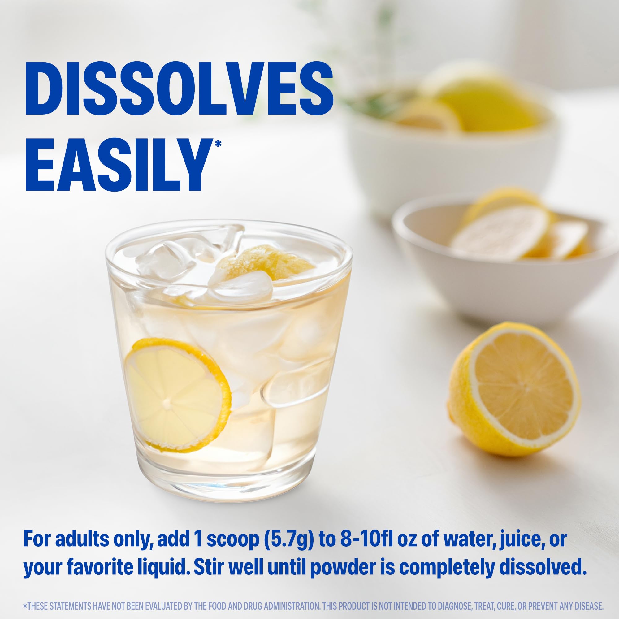 Orgain scoop next to lemon slice illustrating refreshing citrus flavor