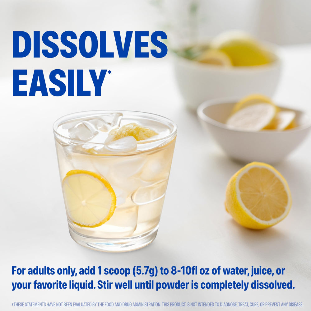 Orgain scoop next to lemon slice illustrating refreshing citrus flavor