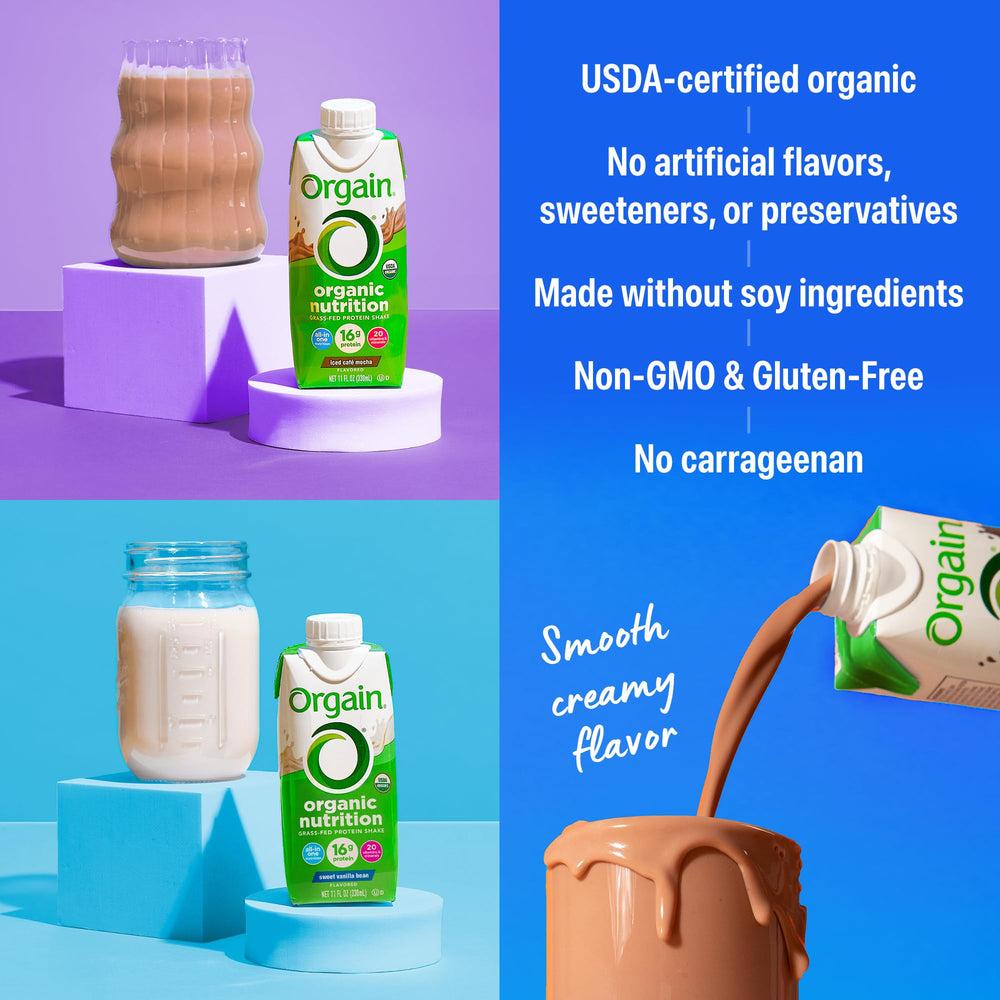 Orgain serving staged with fruits and veggies highlighting added organic produce powder