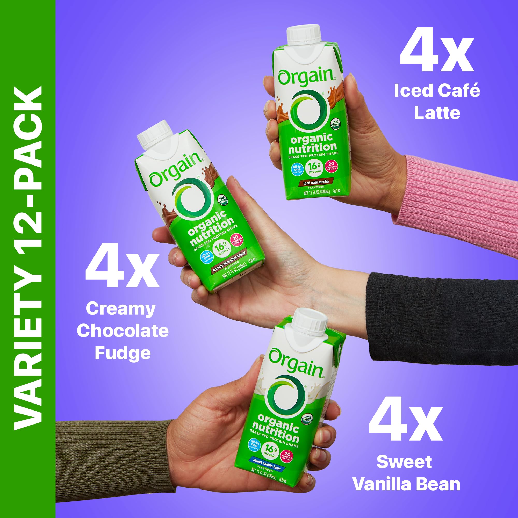 Orgain bottle next to smartphone showing compact size and easy meal replacement