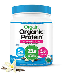 Orgain front packaging showing vanilla bean flavor and organic benefits