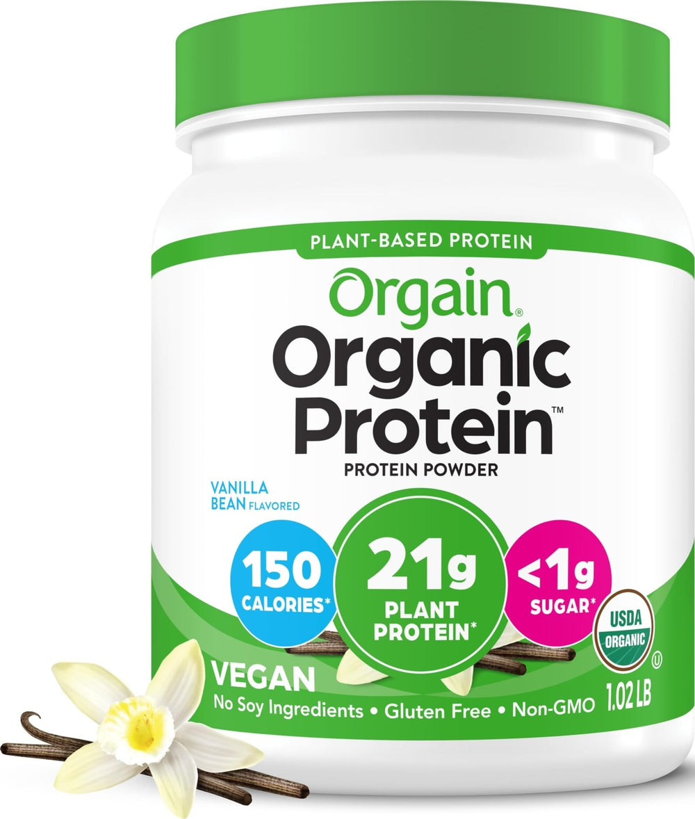 Orgain tub front view showing vanilla bean label and organic claim for convenience