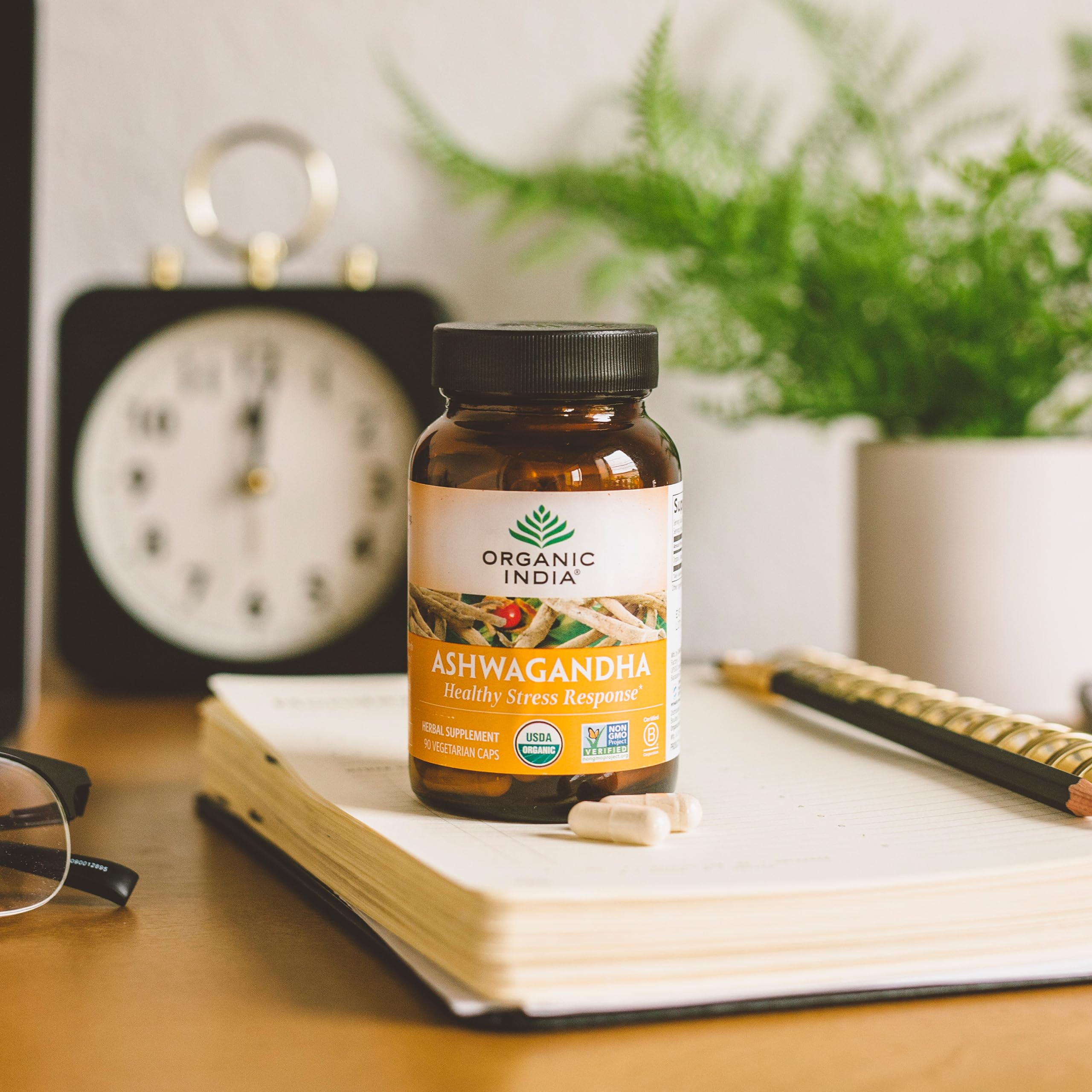 ninety ORGANIC INDIA capsules spread to show full bottle quantity