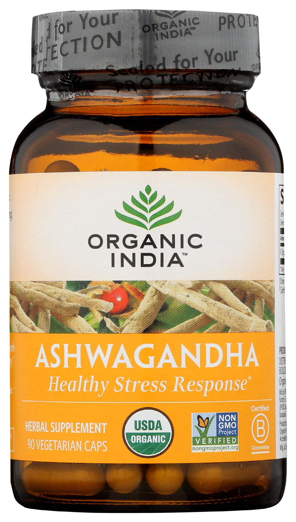 hand holding ORGANIC INDIA capsule showing size and easy swallowing