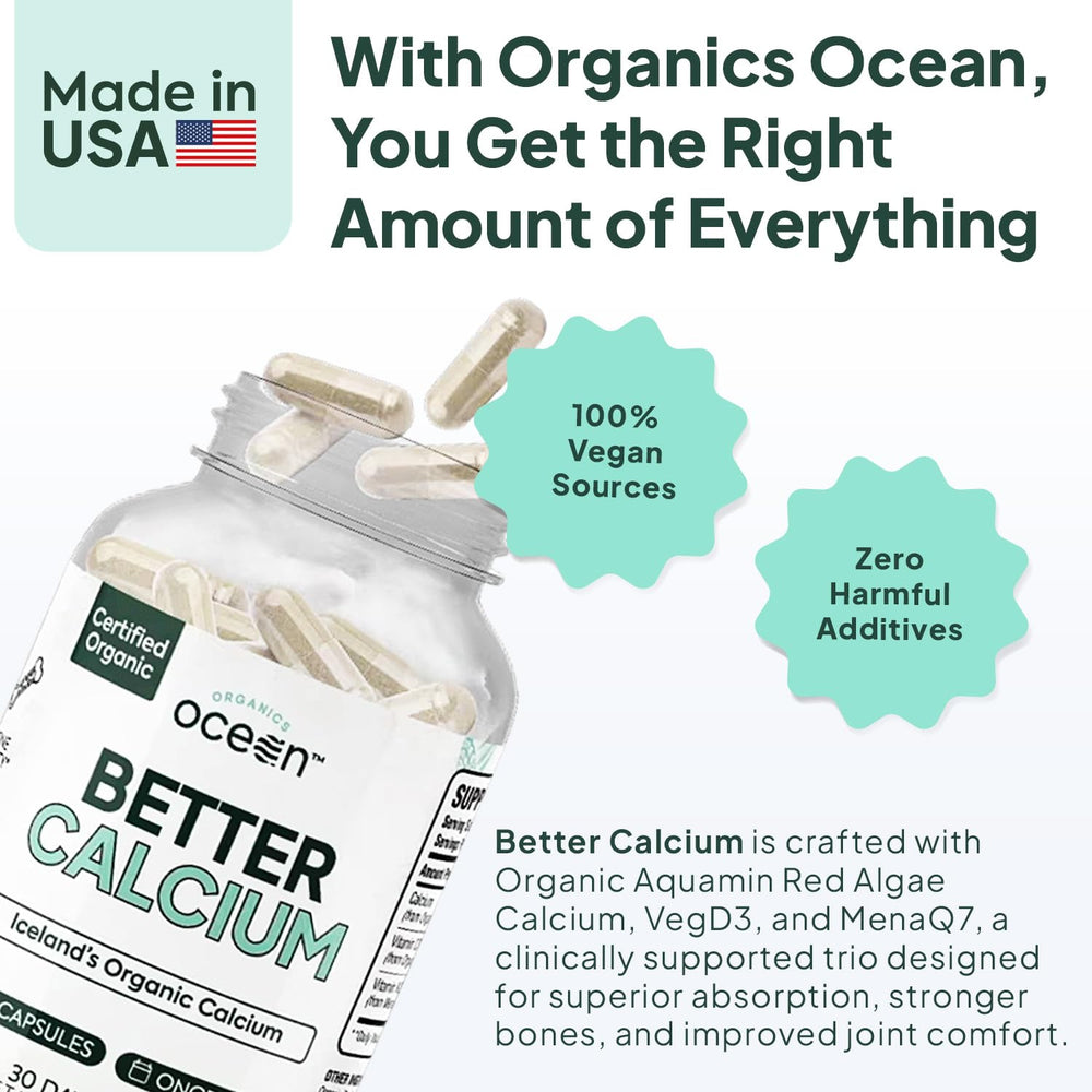 Organics Ocean label detail highlighting Aquamin, VegD3 and MenaQ7 nutrient blend