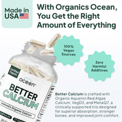 Organics Ocean label detail highlighting Aquamin, VegD3 and MenaQ7 nutrient blend
