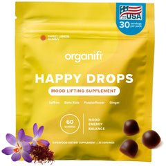 Organifi Happy Drops front packaging showing pouch and branding, clear product benefit