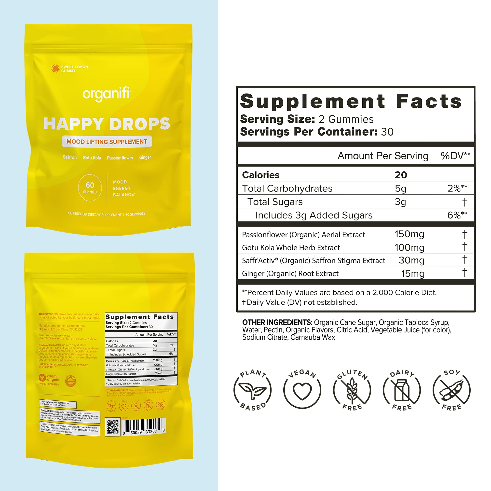 Organifi Happy Drops gummy close-up highlighting texture and sweet lemon flavor benefit