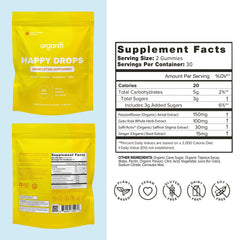Organifi Happy Drops gummy close-up highlighting texture and sweet lemon flavor benefit