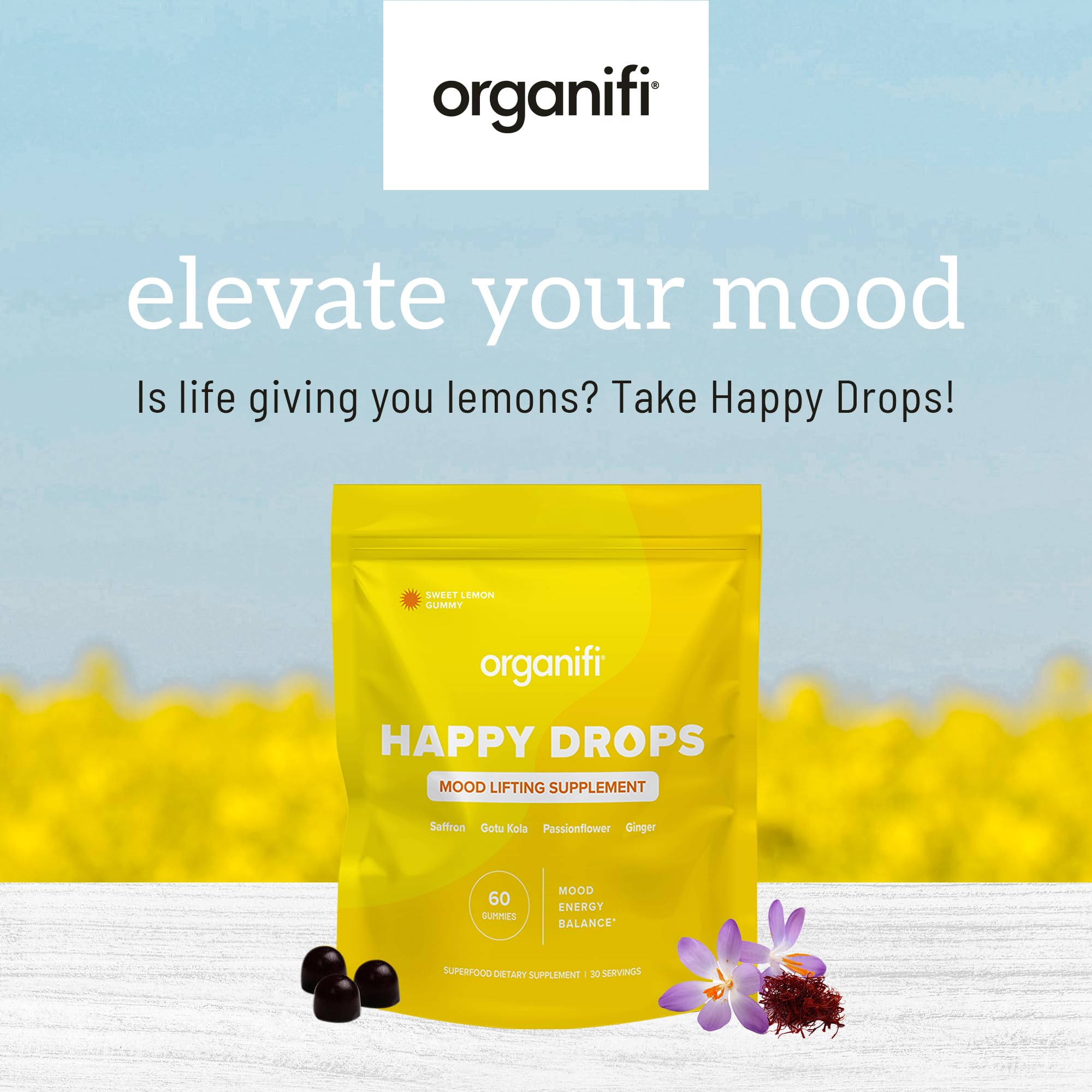 Organifi Happy Drops ingredient label display listing saffron 30mg and botanicals for transparency