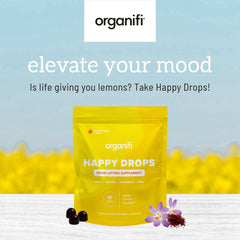 Organifi Happy Drops ingredient label display listing saffron 30mg and botanicals for transparency