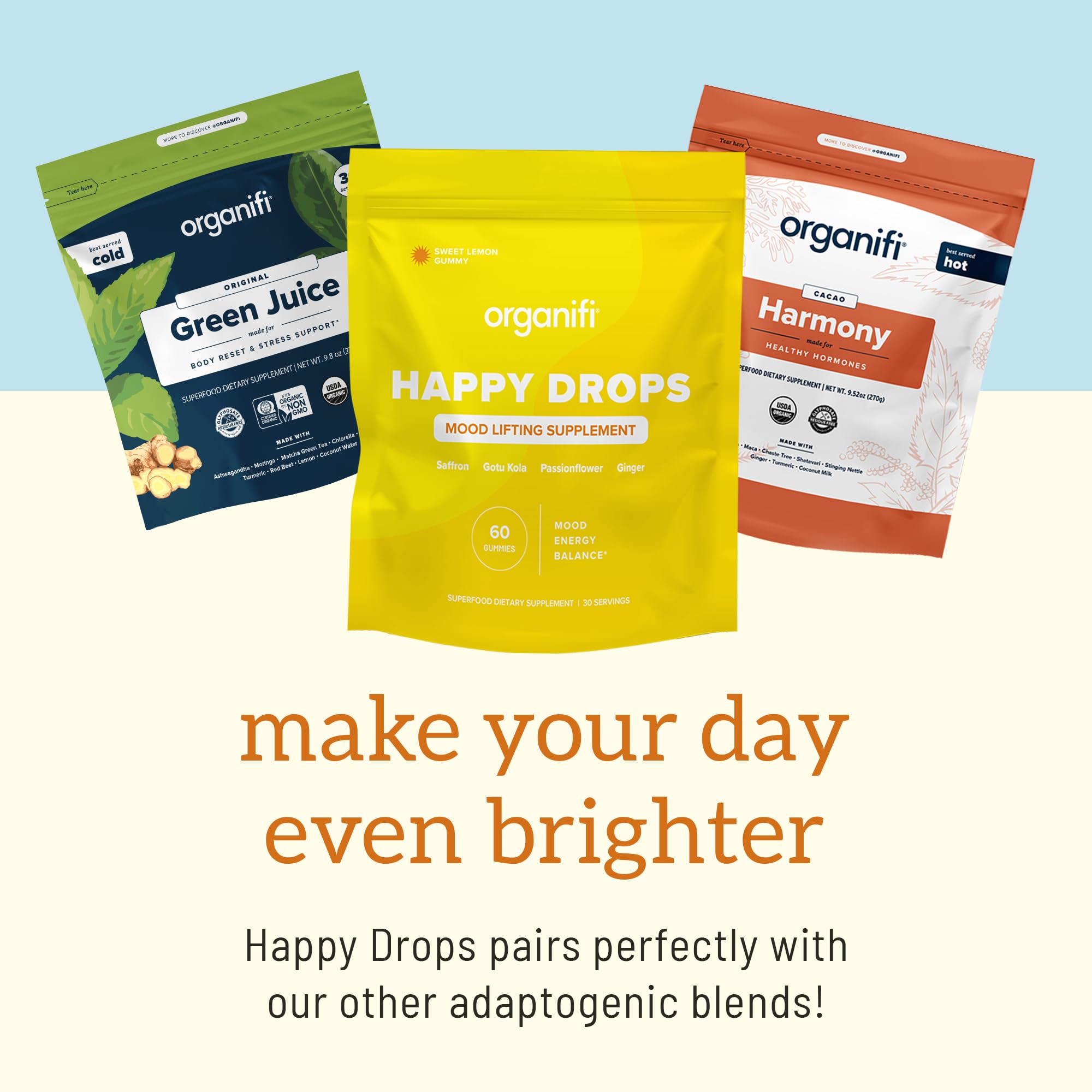 Organifi Happy Drops pouch on kitchen counter suggesting daily routine convenience