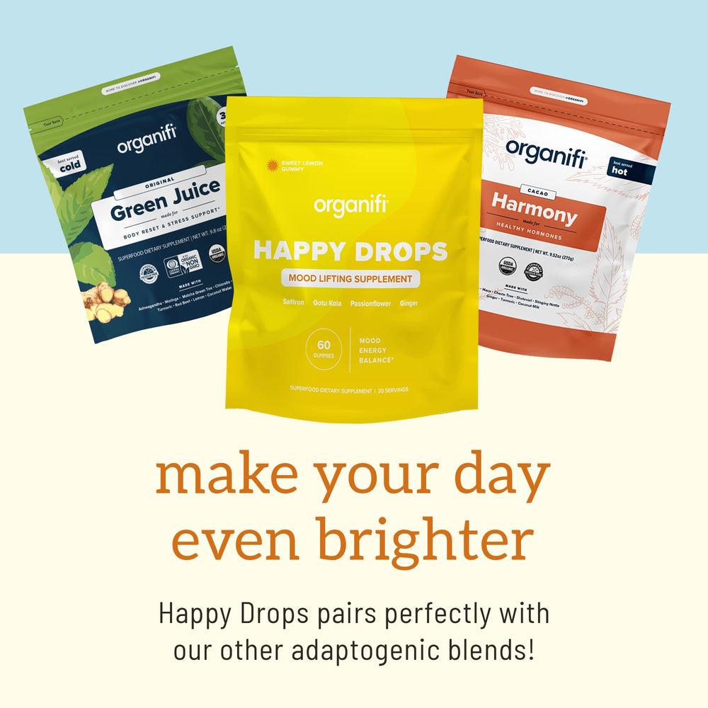 Organifi Happy Drops pouch on kitchen counter suggesting daily routine convenience