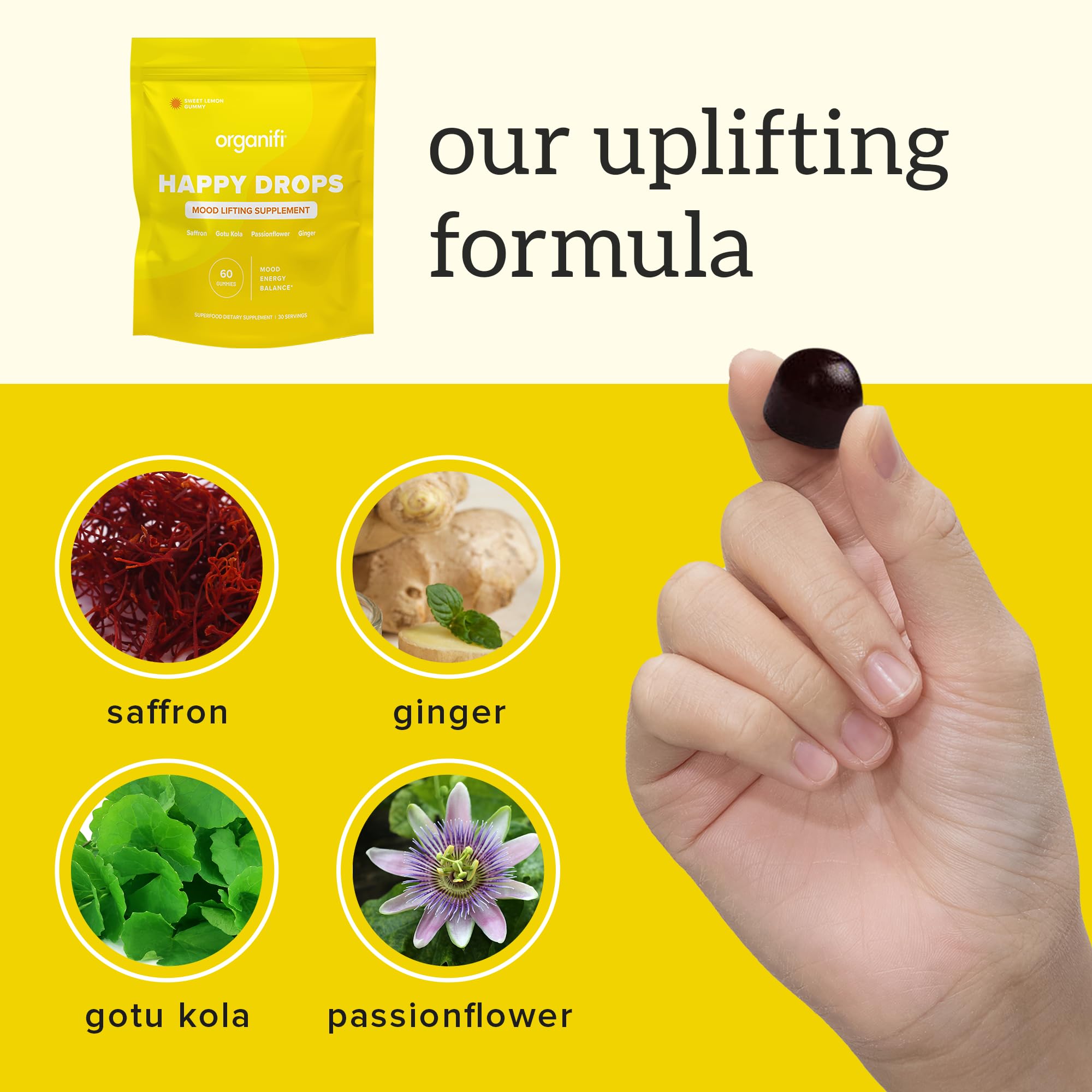 Organifi Happy Drops gummy texture close-up emphasizing chewable, vegan formulation benefit