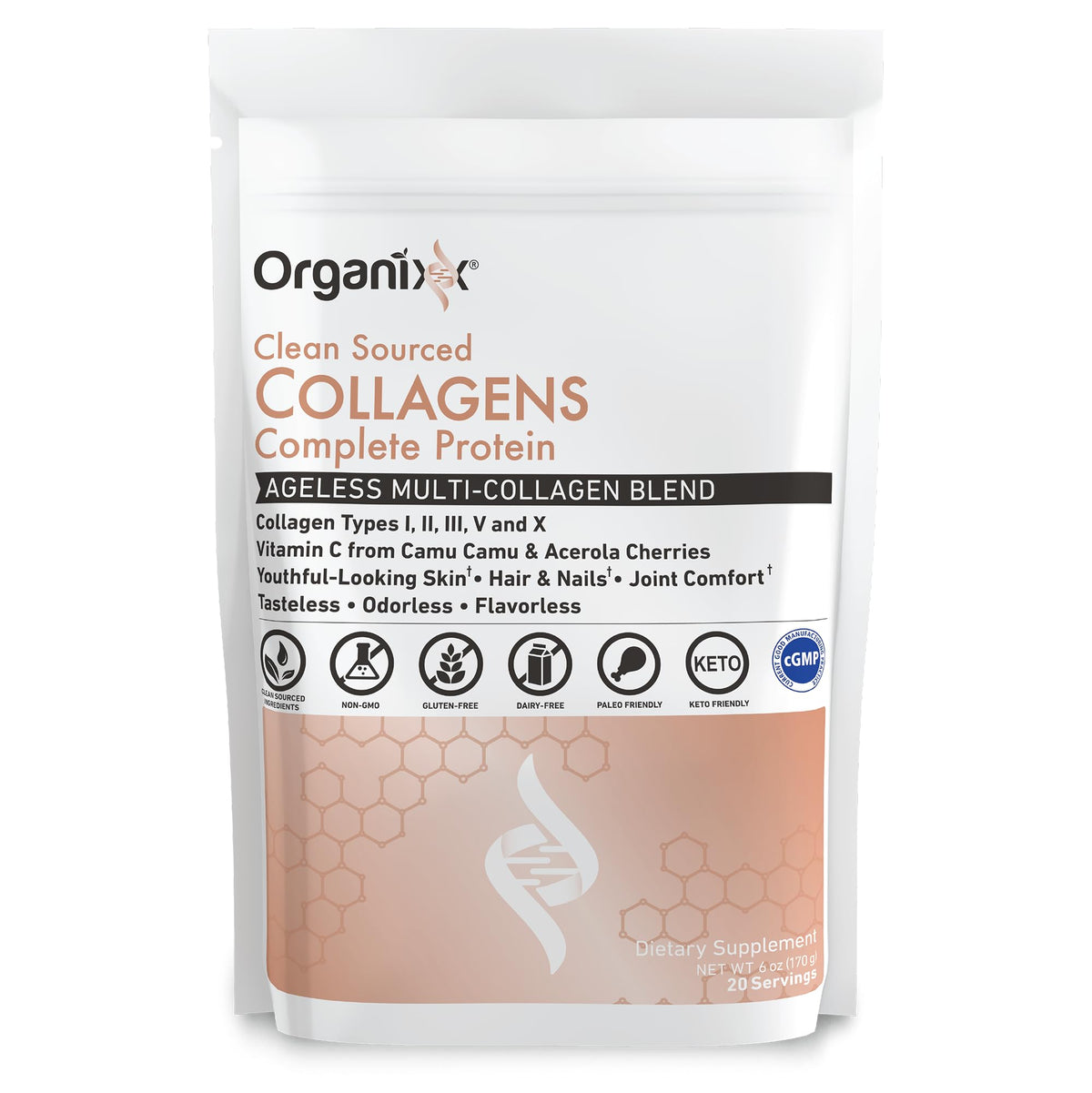 Organixx front packaging showing Clean Sourced Collagen benefits and label