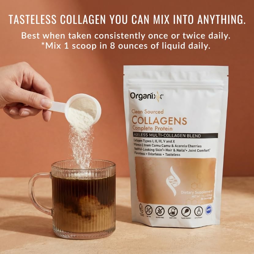 Organixx serving beside a scale indicating scoop size and servings