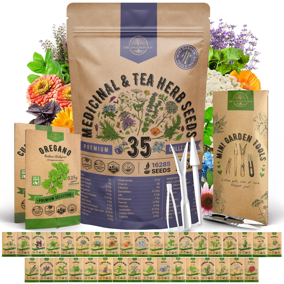 Organo Republic front packaging showing 35 herb seed varieties and value