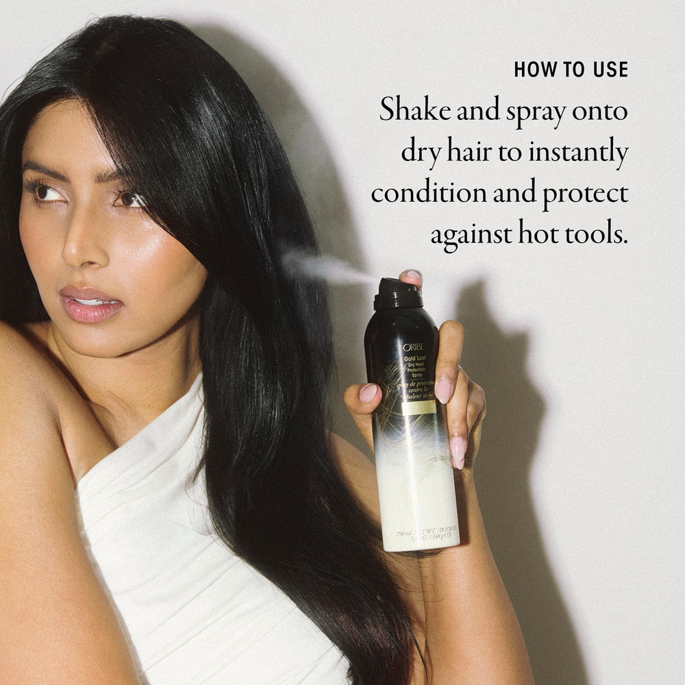 Side-by-side before and after using Oribe Gold Lust showing smoother hair benefit