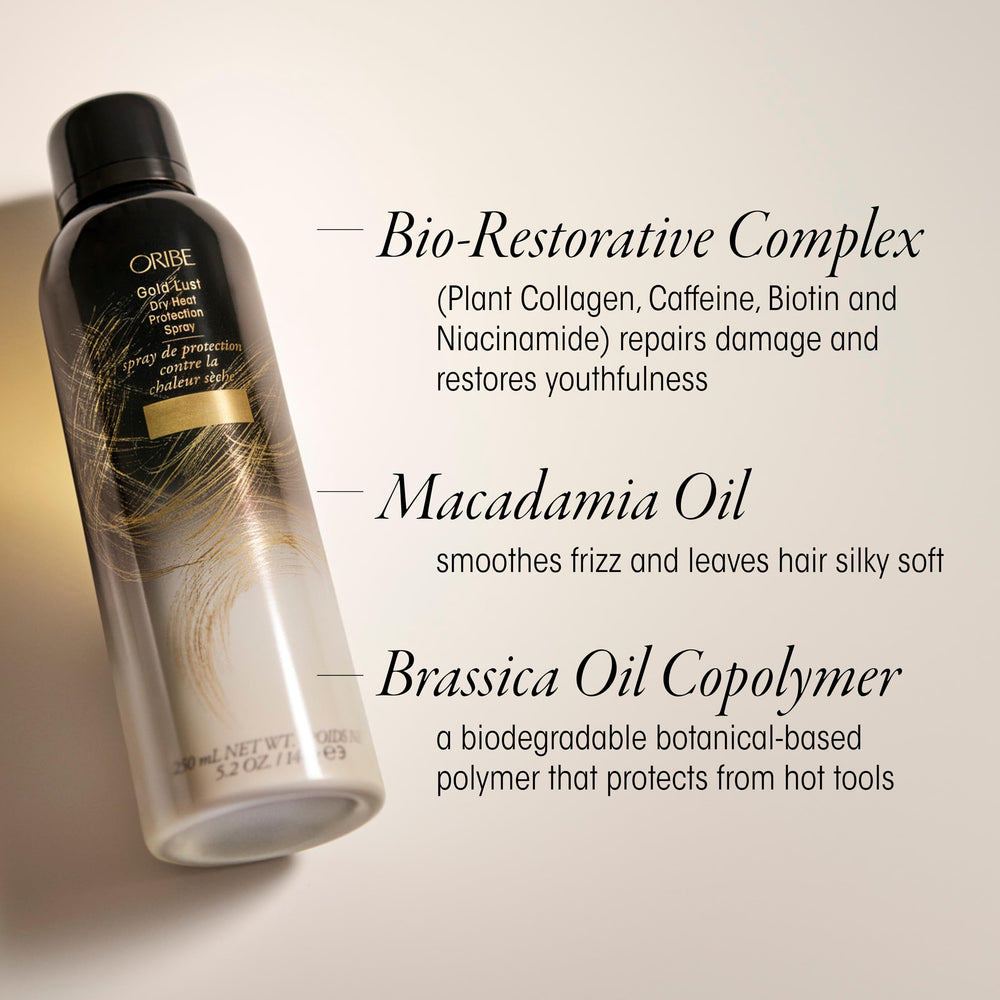 Applying Oribe Gold Lust to dry hair before styling for frizz reduction benefit
