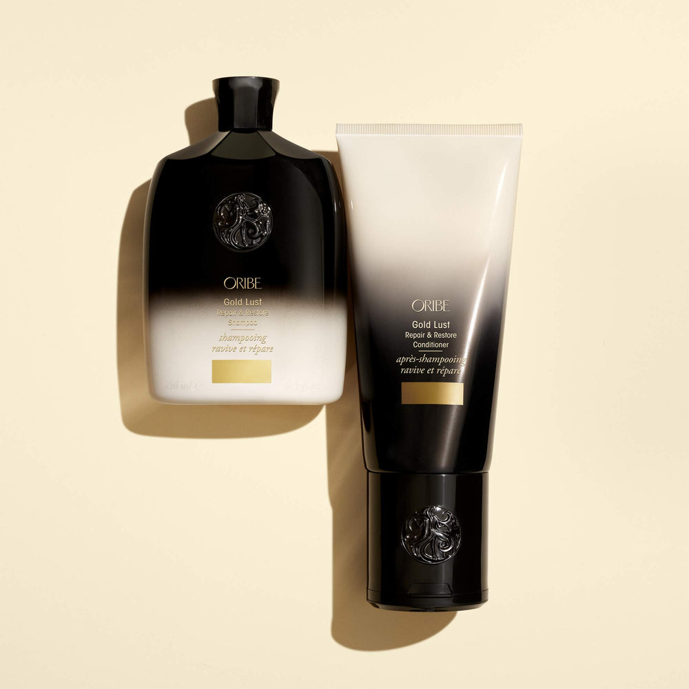 Oribe Gold Lust shampoo before and after hair visual showing improved strength