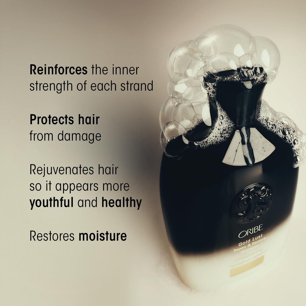Oribe Gold Lust shampoo creamy foam texture demonstrating gentle cleanse benefit