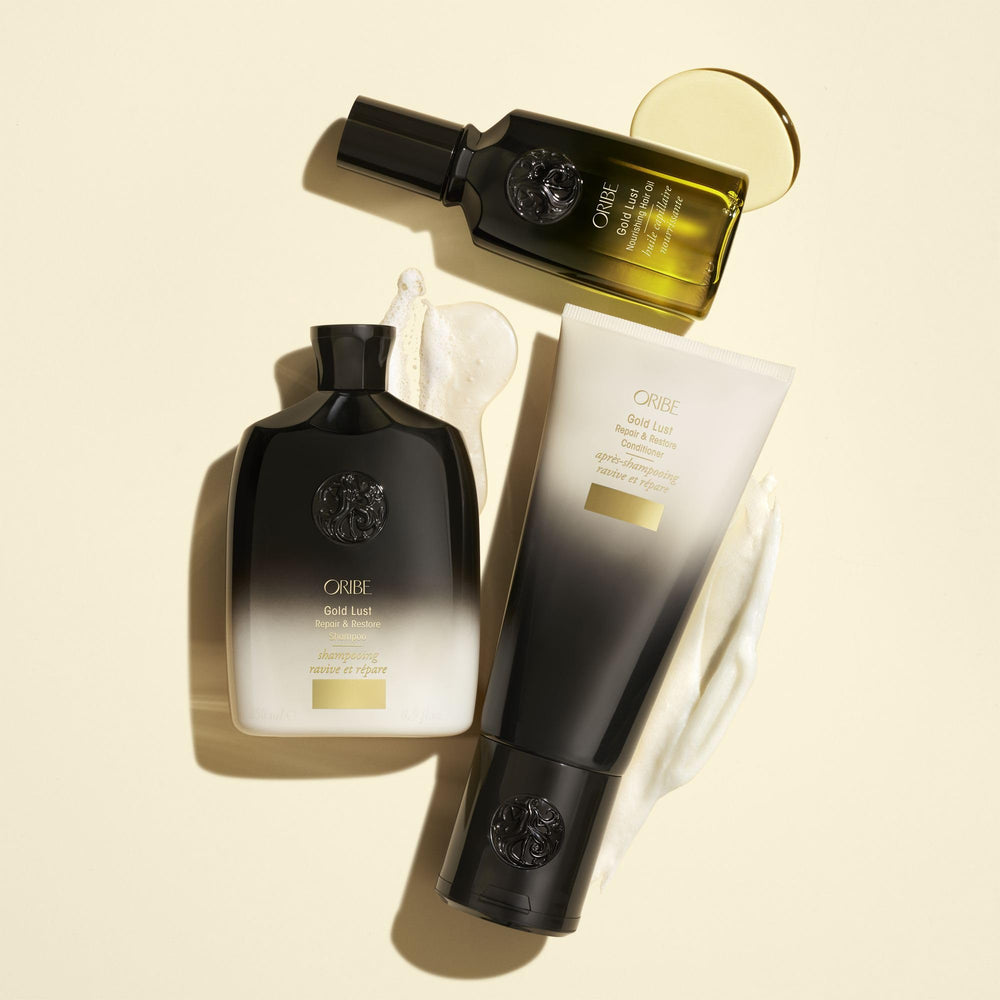 Oribe Gold Lust shampoo label detail showing key ingredients and clean formula