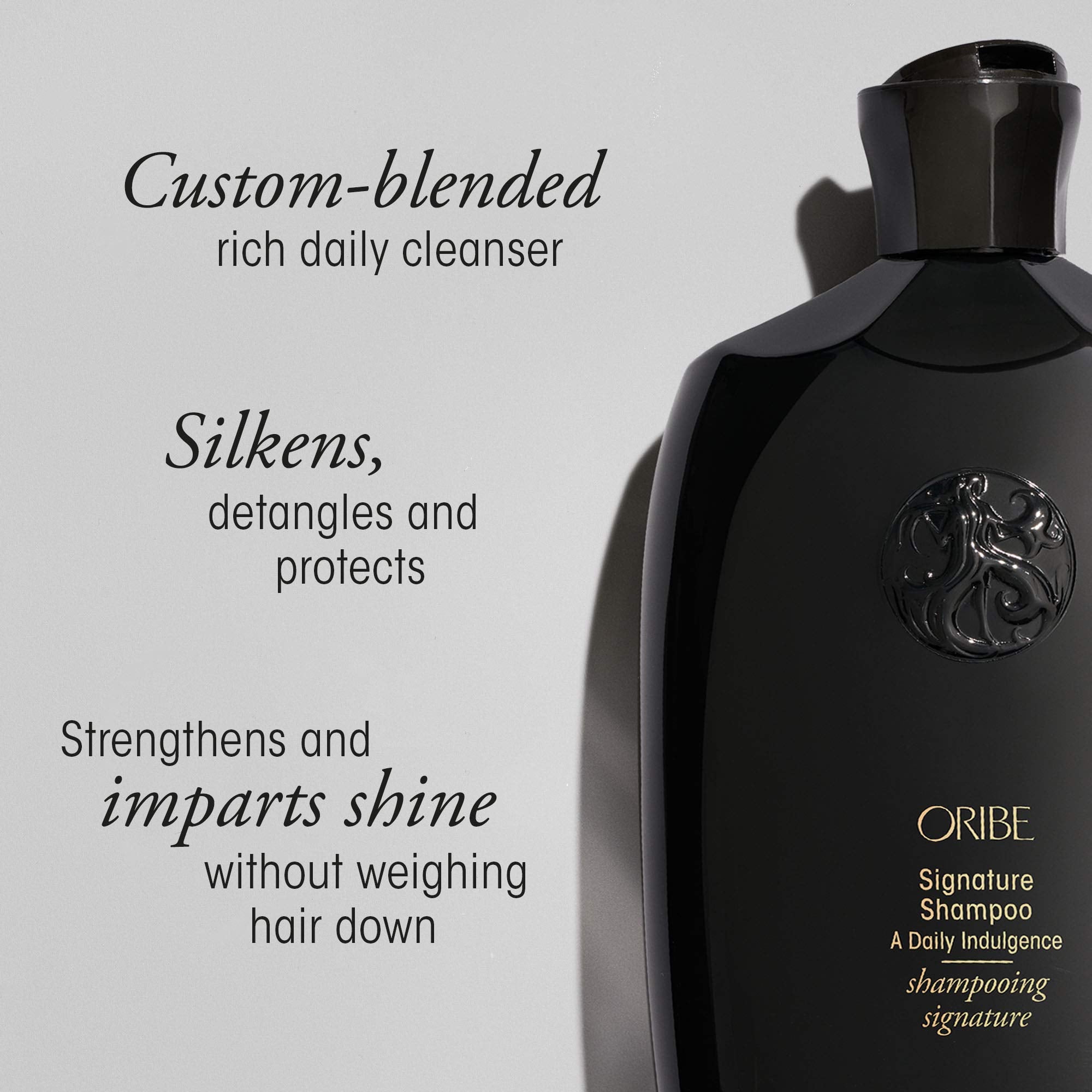 Oribe signature shampoo label closeup highlighting cruelty-free, sulfate-free claims