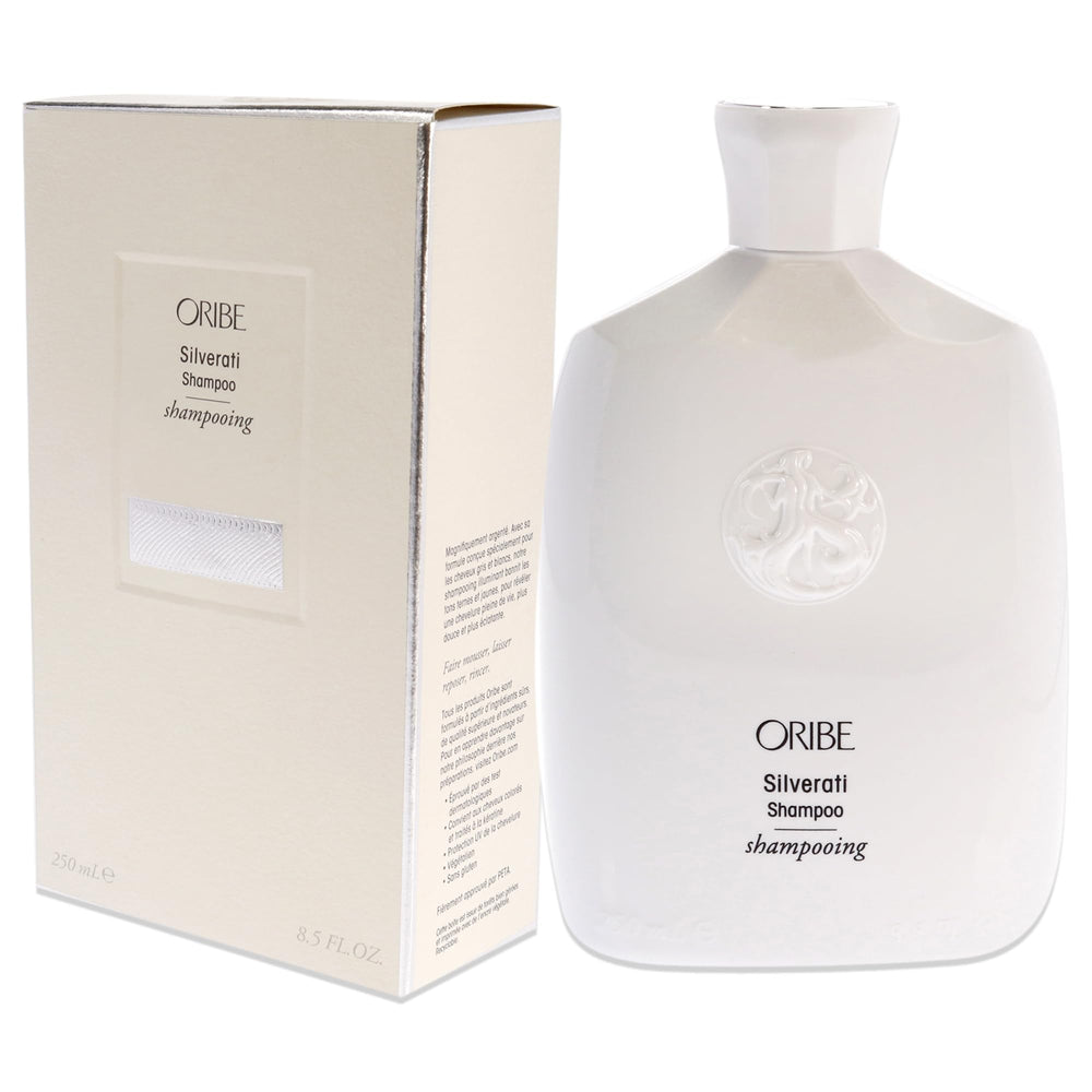 Oribe Silverati lather on silver hair in use to reduce yellow tones and add shine