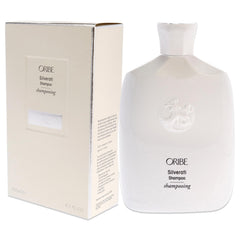 Oribe Silverati lather on silver hair in use to reduce yellow tones and add shine
