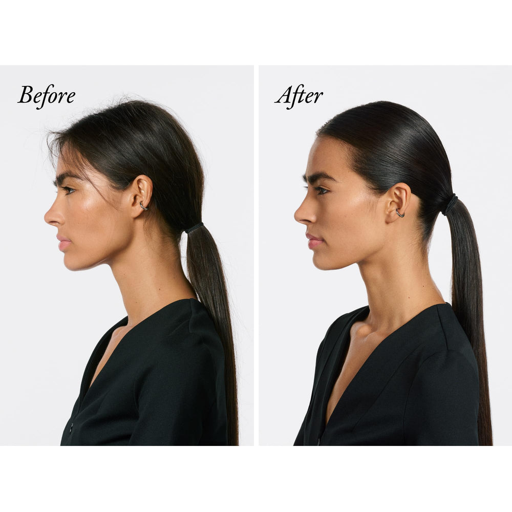 Side-by-side before and after frizz control using Oribe wax stick to show smoothing benefit