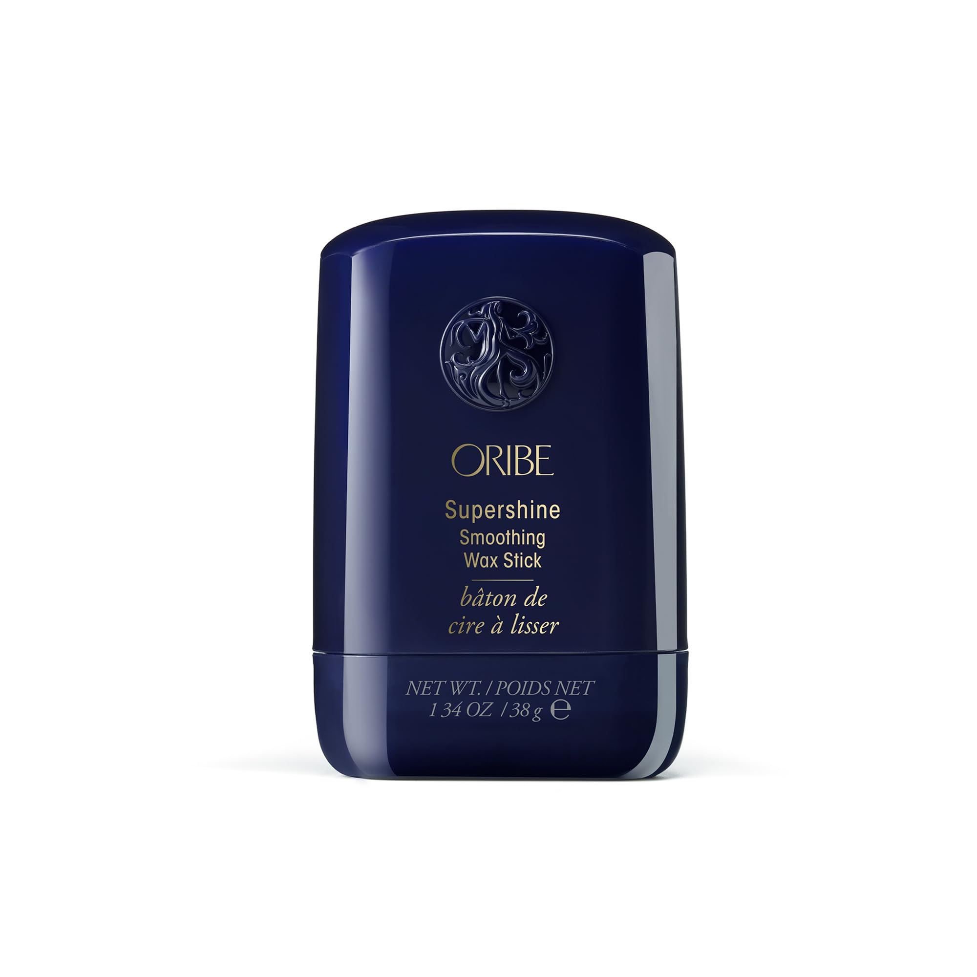 Oribe Supershine Smoothing Wax Stick front packaging showing sleek design and size benefit