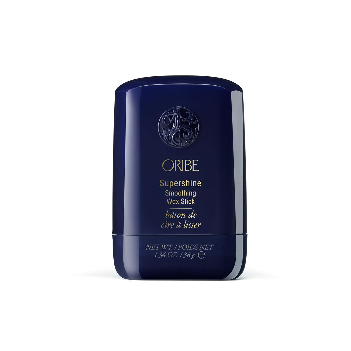 Oribe Supershine Smoothing Wax Stick front packaging showing sleek design and size benefit