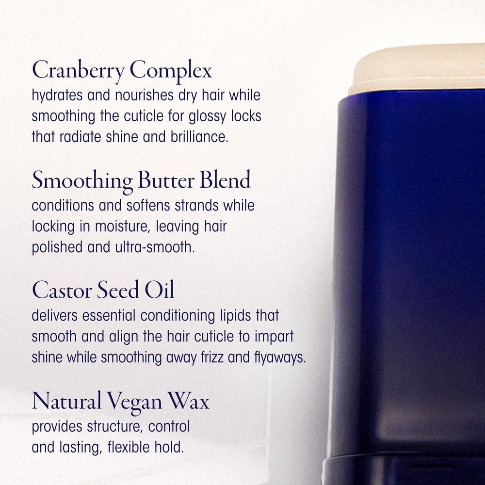 Applying Oribe wax stick to bangs to tame flyaways and refine edges benefit