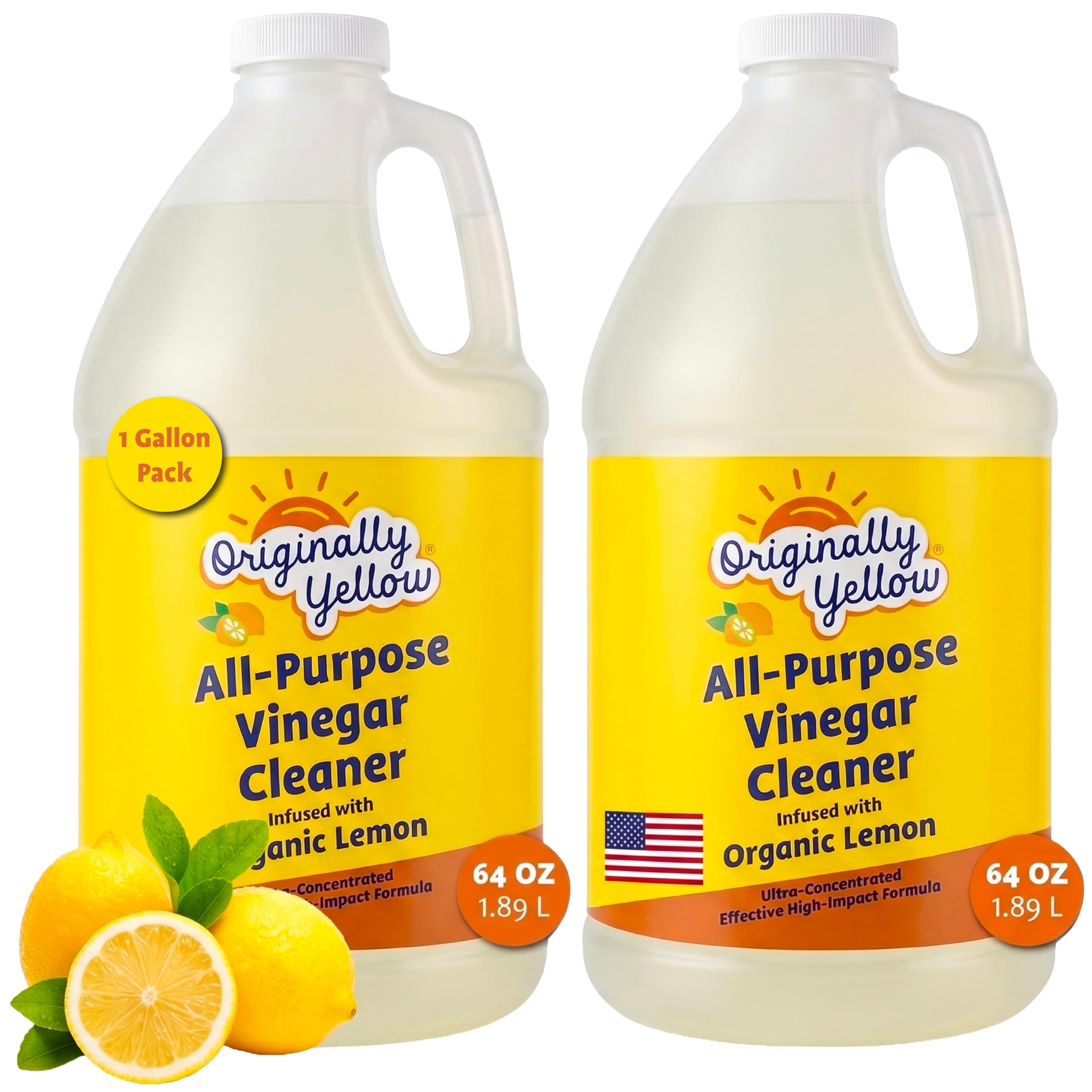 Originally Yellow front label on 1 gallon bottle showing product name and scent benefit