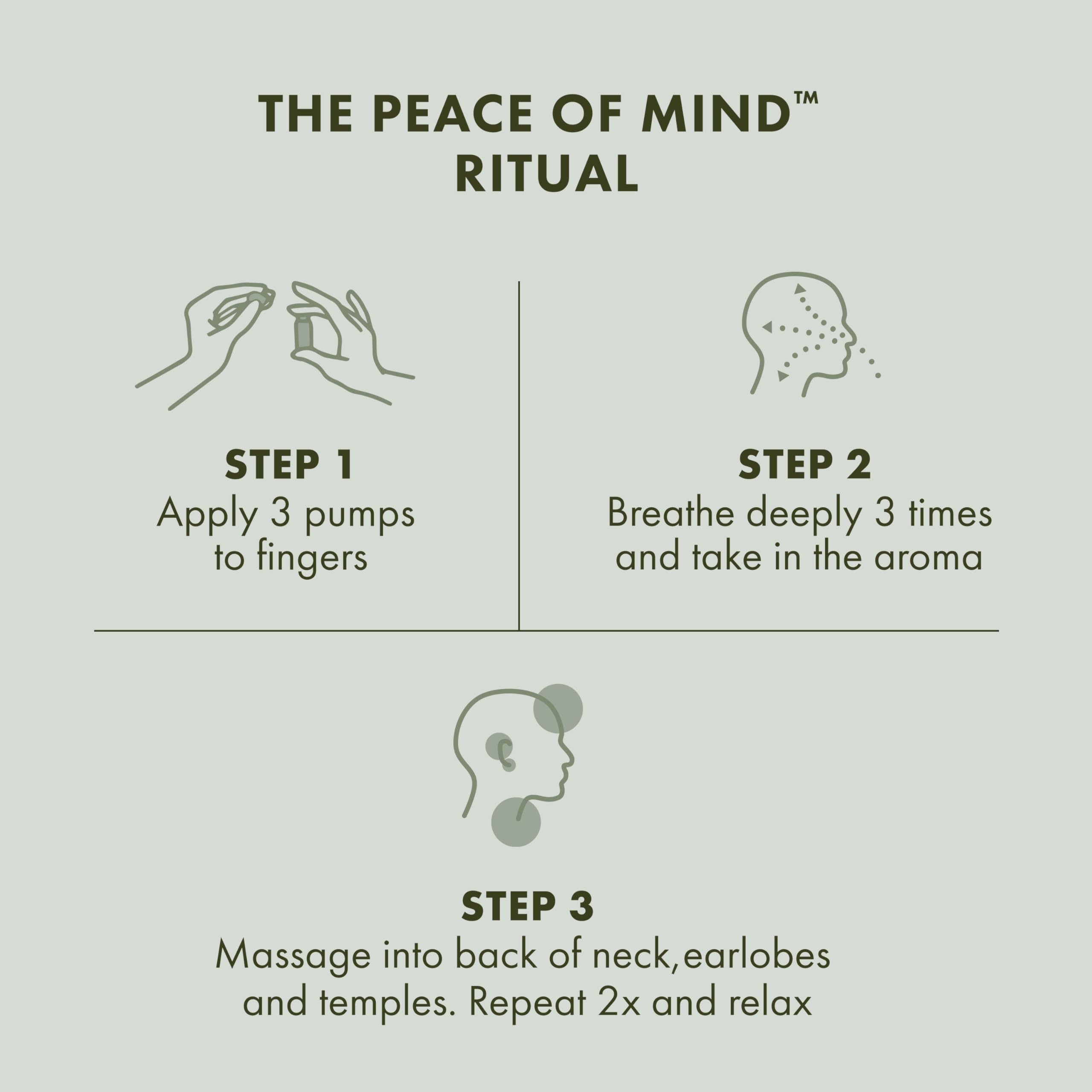 Origins Peace of Mind alongside a hand to show compact 0.5 fl oz travel size benefit