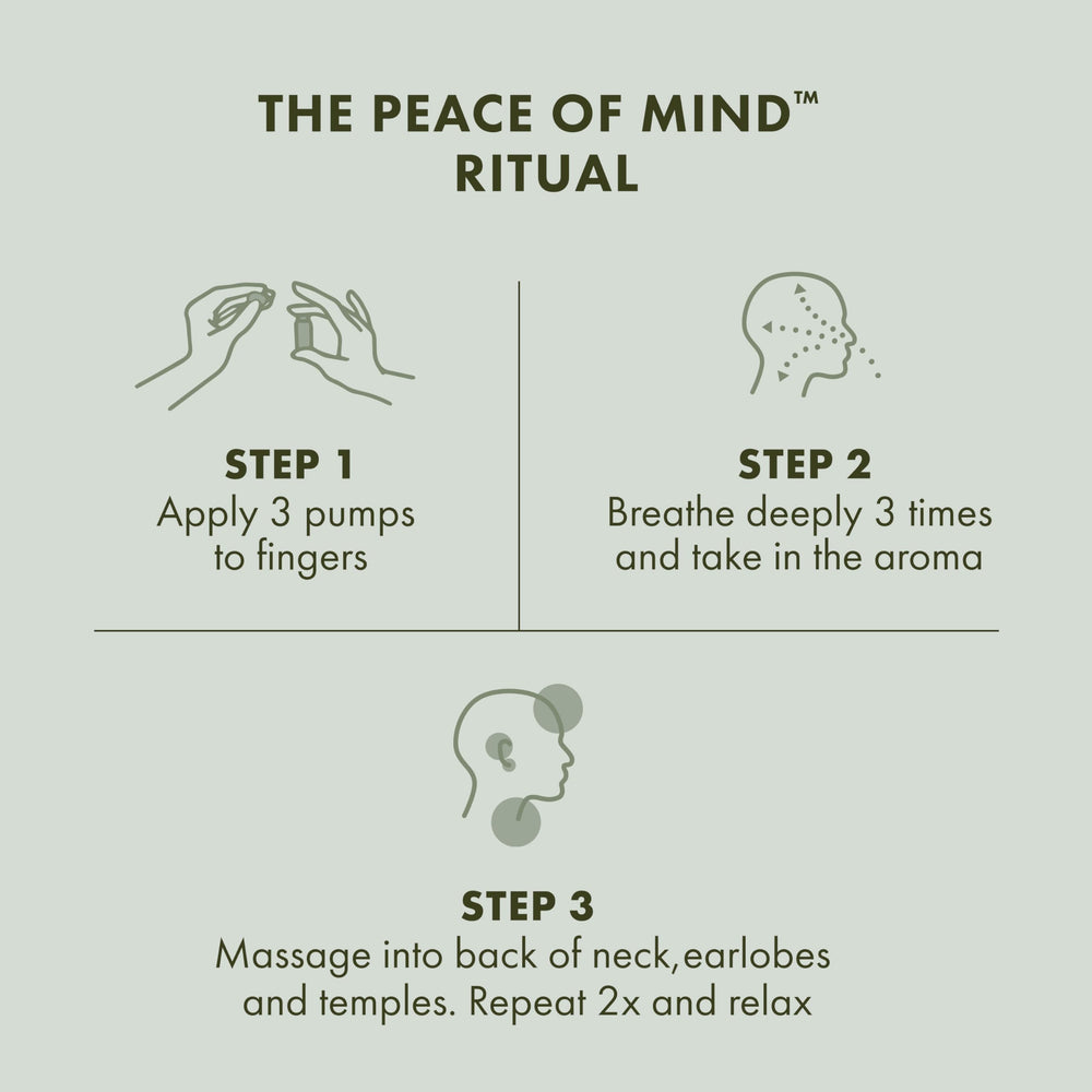 Origins Peace of Mind alongside a hand to show compact 0.5 fl oz travel size benefit