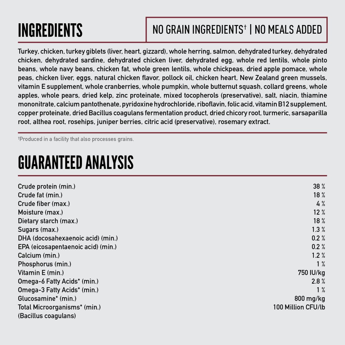 ORIJEN bag label close-up showing guaranteed analysis and sourcing