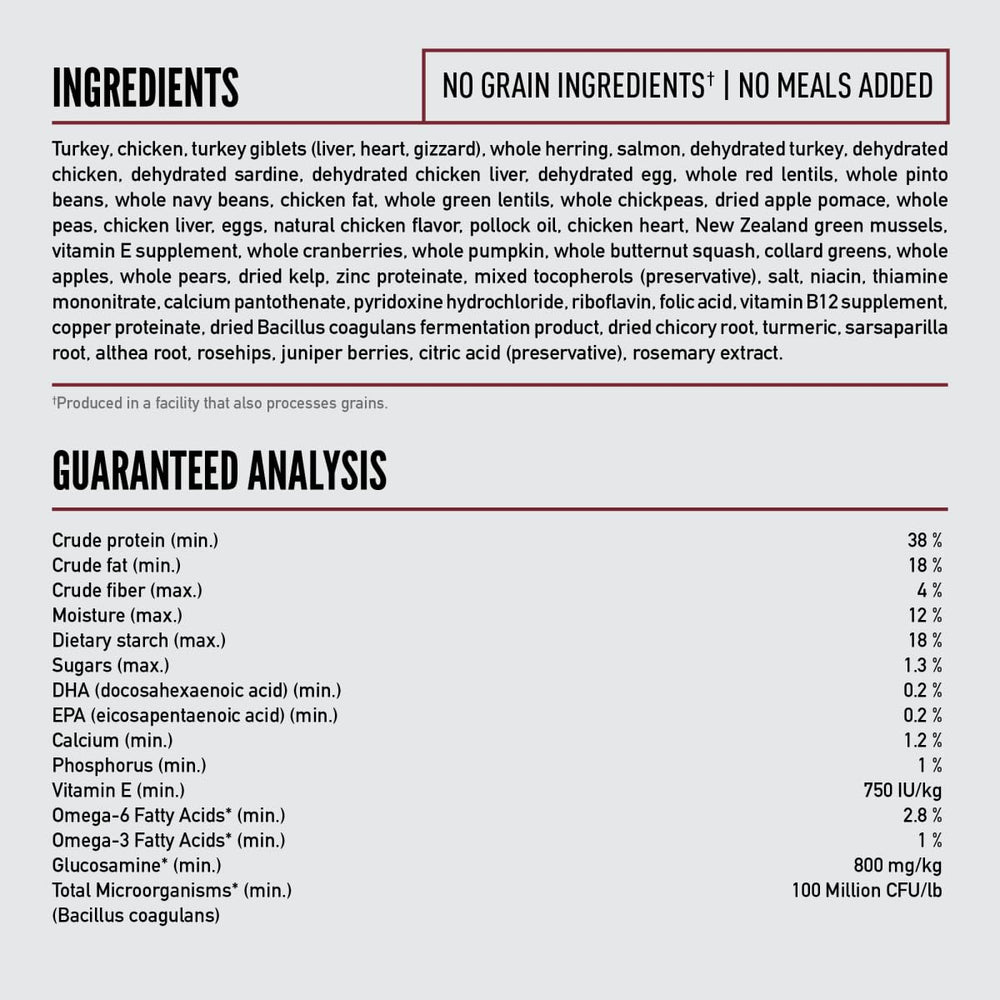 ORIJEN bag label close-up showing guaranteed analysis and sourcing