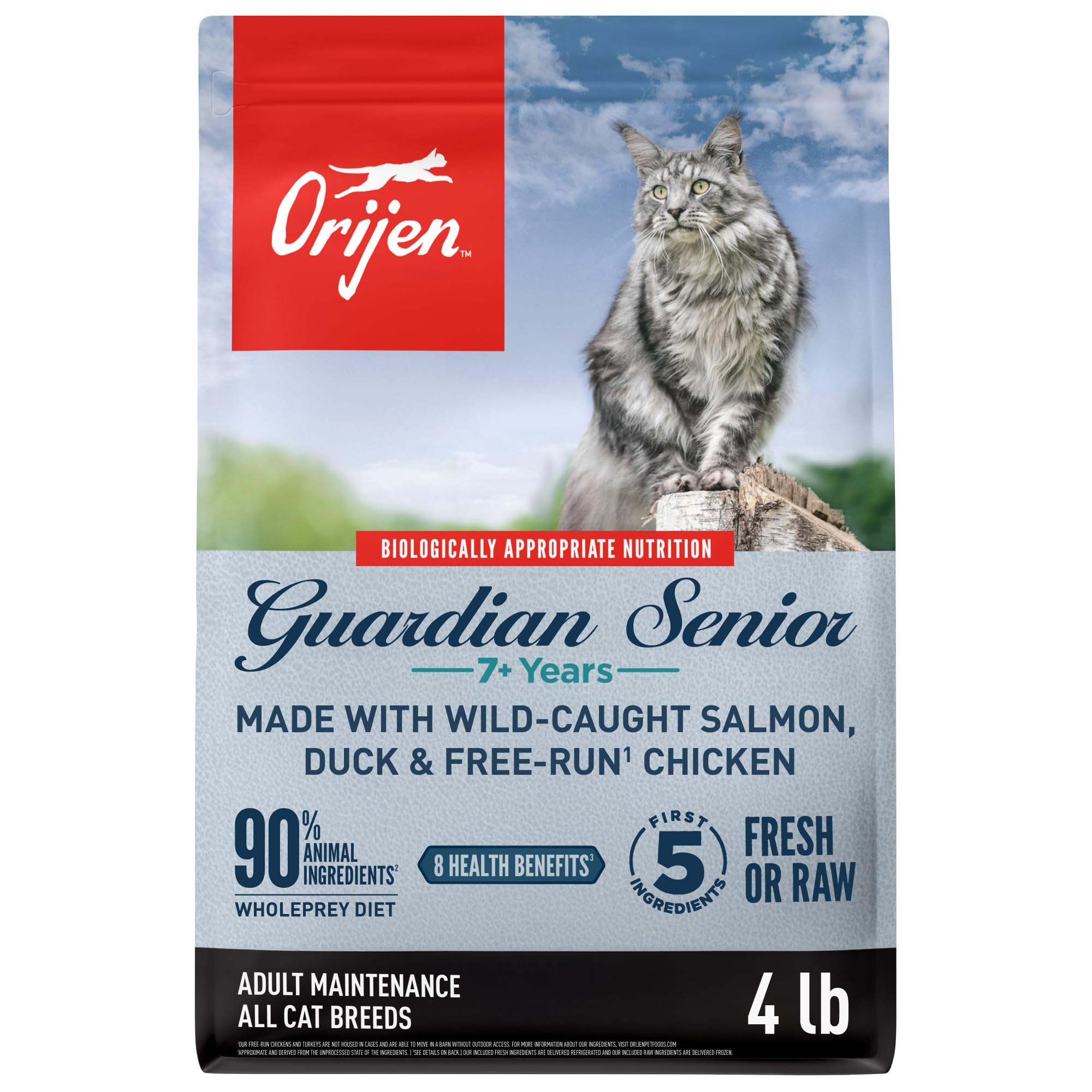 ORIJEN front of bag showing formula name and 4 lb size, clear product identification benefit